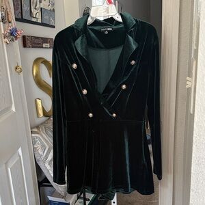 Fashion Nova Dark Green Velvet Double-Breasted Blazer with Gold Buttons
